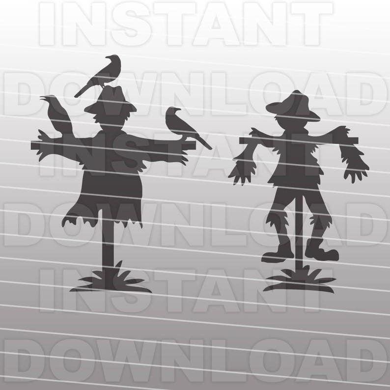 May include: Two black silhouette scarecrows with crows perched on their hats and arms. The scarecrows are standing on a pole with a simple design.