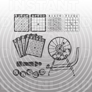Op de afbeelding: Zwart-wit illustratie van bingo-spelelementen. Bevat bingokaarten, bingoballen, een bingomolen en een bingomarker. Het woord "BINGO" staat op de kaarten. De afbeelding heeft een grijstinten kleurenschema.