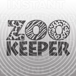 May include: Black and white graphic design with the text "Zoo Keeper" in bold letters. The "O" in Zoo is made up of three different animal print patterns: leopard, zebra, and cow.