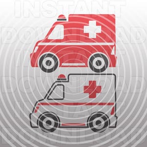 May include: Two cartoon ambulance illustrations. The top ambulance is red with a white cross and the bottom ambulance is white with a red cross.