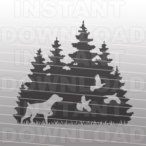 Scène forestière de chasse au tétras avec fichier SVG de chien d’oiseau de pointeur d’épagneul breton, format vectoriel, usage commercial et personnel, Cricut, silhouette camée