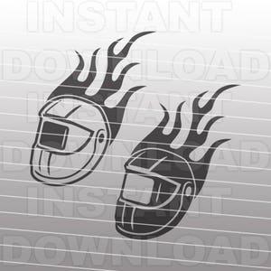 May include: Two black and white welding helmet decals with flames. The helmets are facing to the right and the flames are behind them.