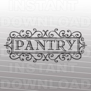 May include: Black and white decorative sign with a fancy scroll design and the word "PANTRY" in the center.