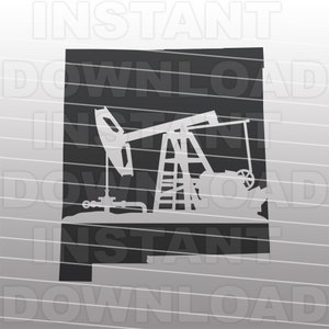 May include: A black silhouette of the state of New Mexico with an oil derrick inside. The oil derrick is a pump jack with a beam and a crank.