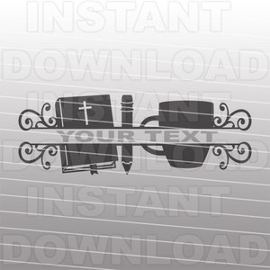 May include: Black and white silhouette design of a book, pencil, and coffee cup with a cross on the book. The design includes a banner with the text "YOUR TEXT".