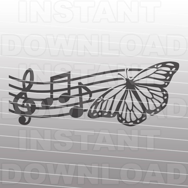 May include: Black and white silhouette of a butterfly and musical notes on a grey background.