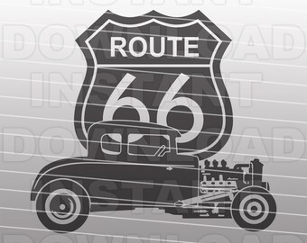 May include: Black and white silhouette of a vintage hot rod car with a Route 66 sign above it. The car has a large engine and a classic design.