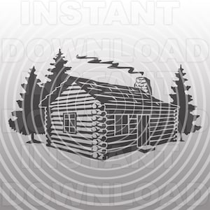 May include: A black and white illustration of a log cabin with a chimney and smoke coming out of it. The cabin is surrounded by two pine trees.