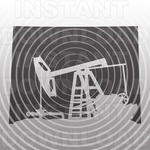 May include: A black and white silhouette of an oil pump jack set against a background of concentric circles. The pump jack is a common symbol of the oil and gas industry.