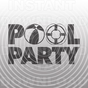 May include: Black and white graphic design with the text "POOL PARTY" in bold letters. A beach ball and a life preserver are included in the design.