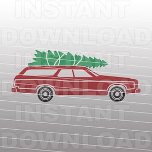 May include: A red station wagon with a green Christmas tree strapped to the roof. The car is driving on a white and gray striped background.
