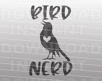May include: Black and white silhouette of a bird with a heart in its chest. The text "Bird Nerd" is below the bird.
