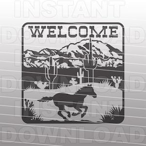 Fichier SVG Mustang de bienvenue, scène de montagne du désert du sud-ouest avec Saguaro Cactus SVG -Vector Art Commercial/Personal Use-Cricut,Cameo,Silhouette