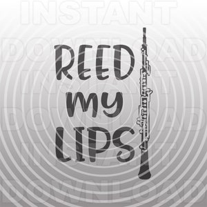 May include: Black and white graphic design with the text "Reed my lips" and a silhouette of an oboe.