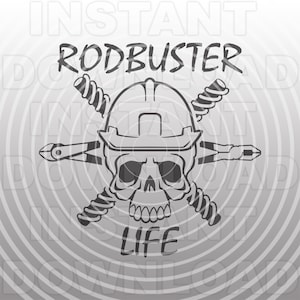 May include: Black and white illustration of a skull wearing a hard hat with crossed wrenches and the text "Rodbuster Life".