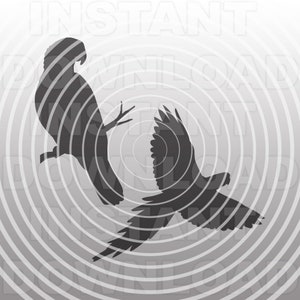 以下が含まれることがあります： 同心円状の円を背景に、2羽のオウムのシルエット。オウムは互いに向き合っており、一方は枝に止まり、もう一方は飛行している。