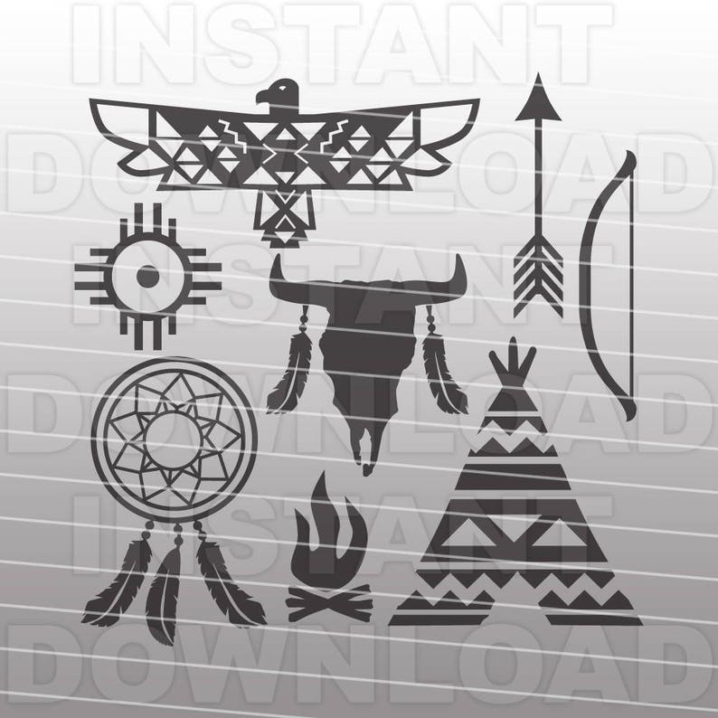 May include: A set of nine black and white Native American themed SVG cut files. The set includes a dreamcatcher, a teepee, a bull skull, a fire, an arrow, a bow, a sun symbol, and an eagle.