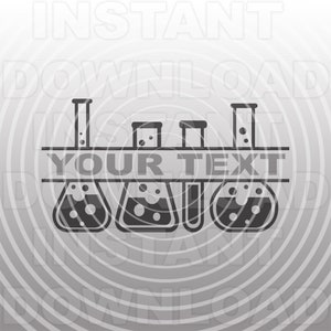 May include: Black and white illustration of four laboratory beakers and test tubes with the text "YOUR TEXT" on a shelf.