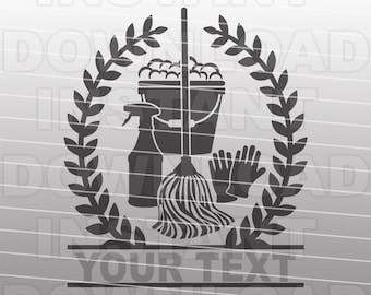 Puede incluir: Silueta en blanco y negro de artículos de limpieza que incluyen un cubo, una botella de spray, una fregona y guantes, rodeados de una corona. El texto "YOUR TEXT" está debajo de la imagen.