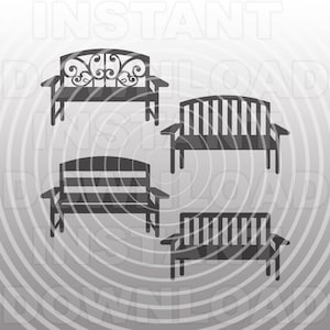 May include: Four different styles of black metal park benches. The benches have various designs on the backrests and are all made of metal.