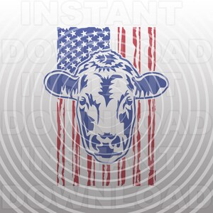 May include: A blue silhouette of a cow's head with a white outline, set against a red, white, and blue American flag background.