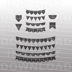 May include: A set of black and white printable party banner designs. The designs include a variety of shapes, including triangles, scallops, and half circles.