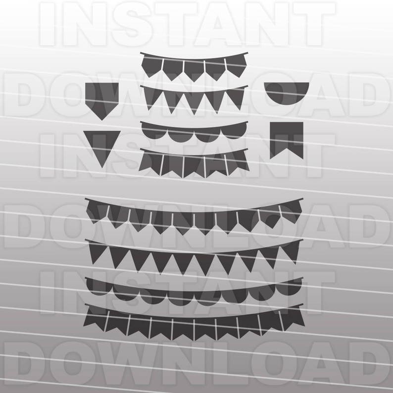 May include: A set of black and white printable party banner designs. The designs include a variety of shapes, including triangles, scallops, and half circles.