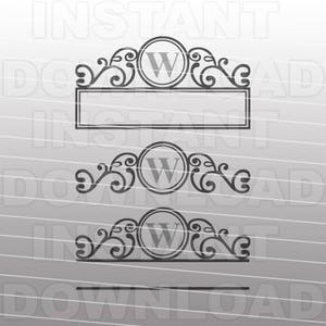 Op de afbeelding: Drie zwart-witte monogrammen met een decoratieve versiering en een cirkel met de letter "W" erin. Het bovenste ontwerp bevat een lege rechthoekige banner.