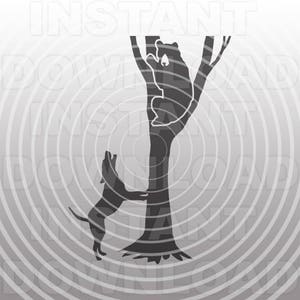 May include: A black and white silhouette illustration of a dog barking at a bear climbing a tree. The image is set against a background of concentric circles.