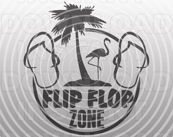 Op de afbeelding: Zwart-witte illustratie van een palmboom, een flamingo en slippers in een cirkel met de tekst "Flip Flop Zone".
