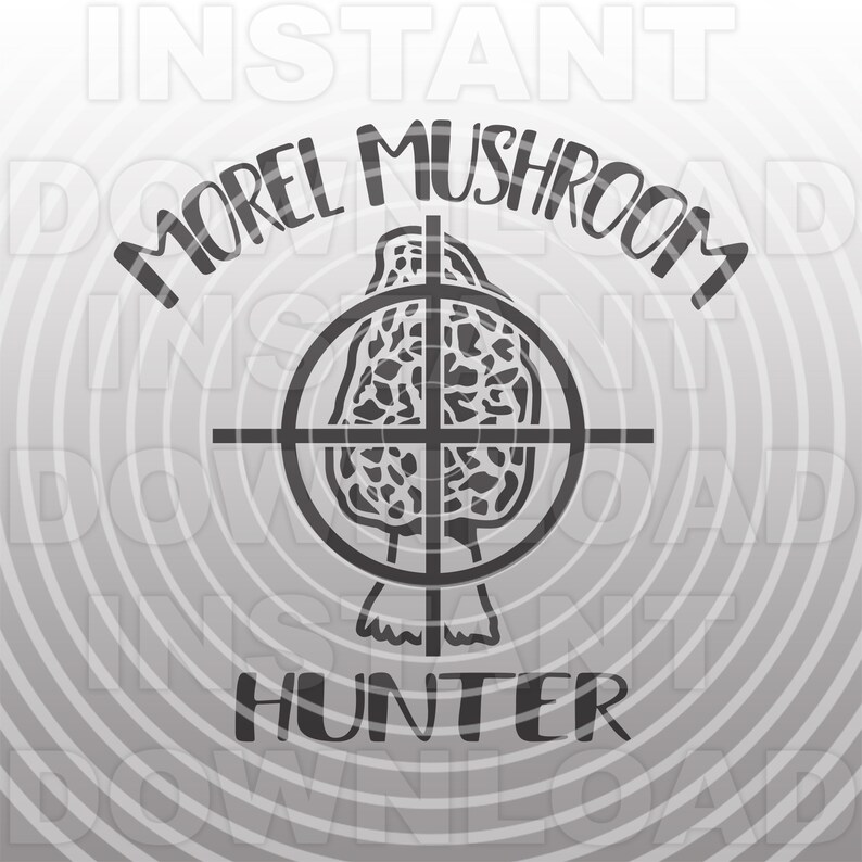 May include: Black and white illustration of a morel mushroom in a target sight. The text "Morel Mushroom Hunter" is written around the target.