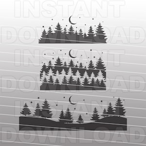 Notte stellata alberi luna e stelle SVG, scena foresta di pini SVG, pino SVG - uso commerciale e personale - Cricut, Silhouette Cameo, file di taglio in vinile