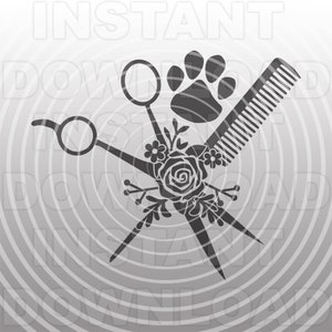 Dog Groomer SVG, Dog Grooming Floral Scissors Paw Print SVG - Vector Clip Art Commercieel & Persoonlijk Gebruik - Cricut, Silhouet, Cameo, Vinyl Decal