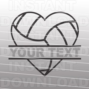 May include: Black and white silhouette of a volleyball in the shape of a heart with a horizontal line across the middle that says "YOUR TEXT".