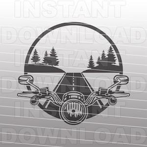 May include: Black and white illustration of a motorcycle riding down a road through a forest. The motorcycle is in the foreground and the forest is in the background. The motorcycle has a round headlight and handlebars. The road is straight and has a white line down the center.