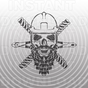 Pode incluir: Ilustração em preto e branco de uma caveira usando um capacete e uma barba longa. A caveira é cercada por quatro chaves de fenda cruzadas.