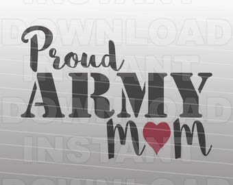 May include: Black and white text graphic that reads "Proud Army Mom" with a red heart in the middle of the word "mom".