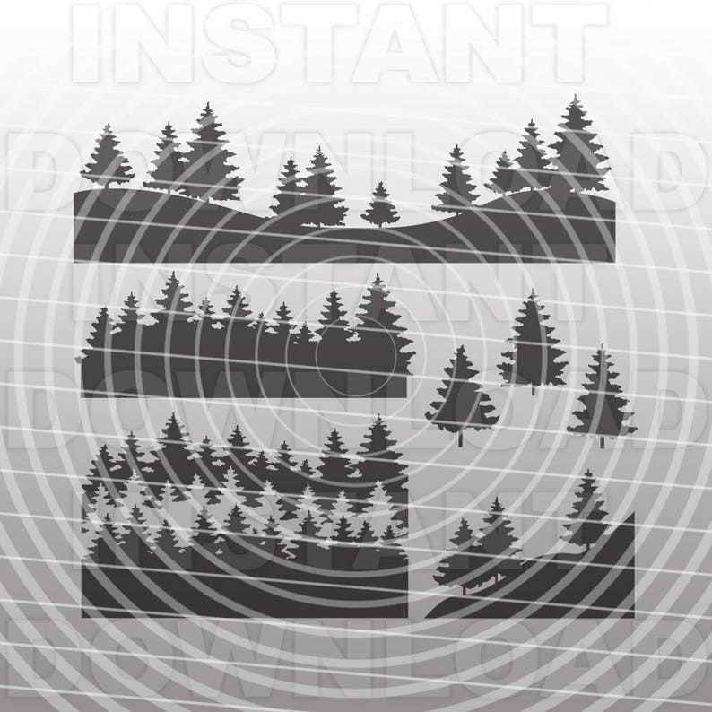May include: Silhouettes of pine trees in a forest setting. The trees are arranged in three rows, with the top row showing a single row of trees against a hill, the middle row showing a dense forest, and the bottom row showing a more sparse forest with a few trees in the foreground.