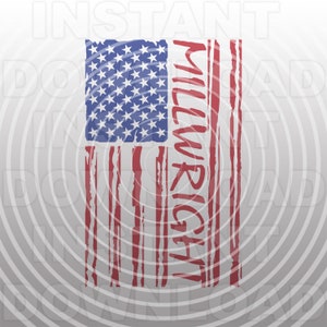 Könnte beinhalten: Ein abgenutztes amerikanisches Flaggen-Design mit dem Wort "Millwright" vertikal in Rot auf der rechten Seite der Flagge geschrieben.