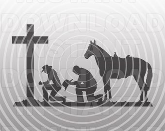 Cowboy and Cowgirl with Horse Kneeling Praying at Memorial Cross SVG File -Vector Art Commercial/Personal Use- Cricut,Silhouette,Cameo,vinyl