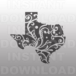 Peut inclure: Une silhouette noire et blanche de l'état du Texas avec un motif floral à l'intérieur. Le contour de l'état est rempli d'un dessin tourbillonnant et complexe.
