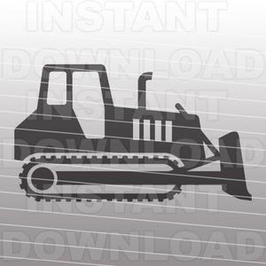 May include: A black silhouette of a bulldozer with a large blade. The bulldozer has a cab with a window and a large track system.