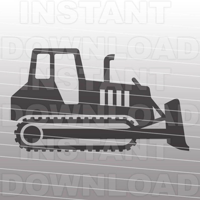 May include: A black silhouette of a bulldozer with a large blade. The bulldozer has a cab with a window and a large track system.