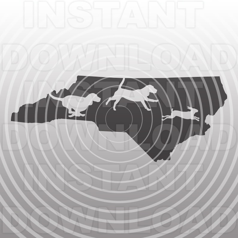 May include: A black and white silhouette of the state of North Carolina with three running dogs and a rabbit inside the state outline.