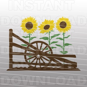 Zonnebloemen met wagenwiel en hek post scène SVG-bestand, tuinieren SVG-vector kunst persoonlijk en commercieel gebruik-Cricut, silhouet, cameo, vinyl