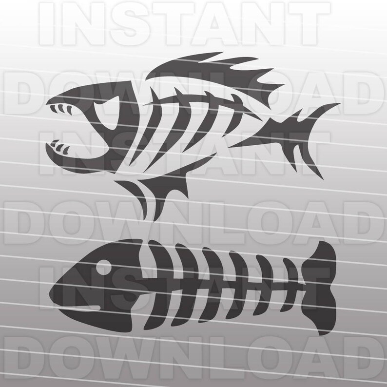 May include: Two black and white stylized fish skeletons. The top fish is larger and has a more detailed design. The bottom fish is smaller and simpler.