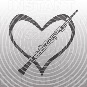May include: A black and white illustration of an oboe inside a heart shape. The heart is outlined in black and is on a gray background with concentric circles.