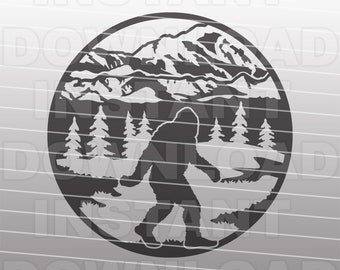 Fichier SVG Bigfoot, Scène forestière de Bigfoot Mountain SVG, Sasquatch SVG -Vector Art Commercial &Personal Use- Cricut,Silhouette,Cameo,Vinyl Cut