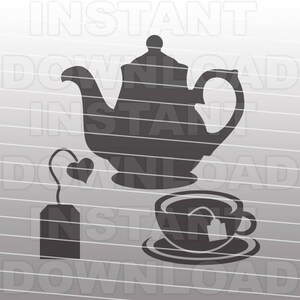 May include: Black silhouette of a teapot, teacup, and tea bag. The teapot has a rounded body and a spout. The teacup has a handle and a saucer. The tea bag is hanging from a string with a heart-shaped tag.