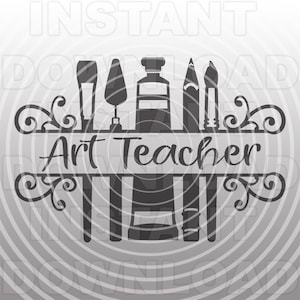 May include: Black and white silhouette design of art supplies, including paintbrushes, a palette knife, paint tubes, and a pencil, with the text "Art Teacher" in a banner.